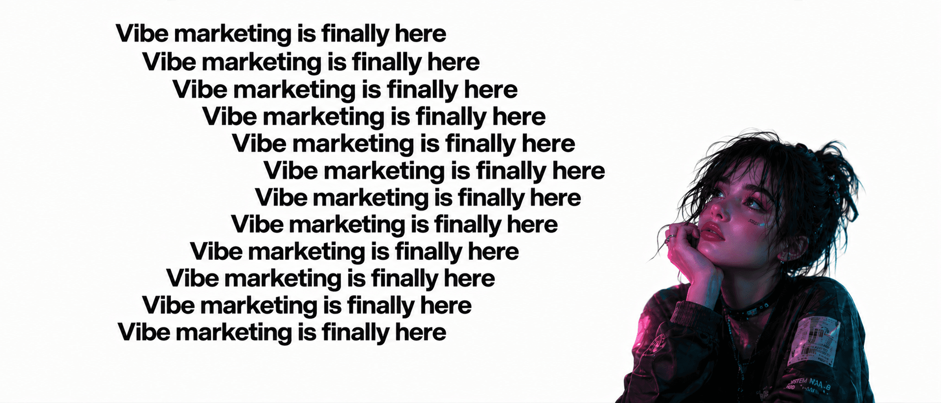 Vibe marketing banner with repeated headline and portrait